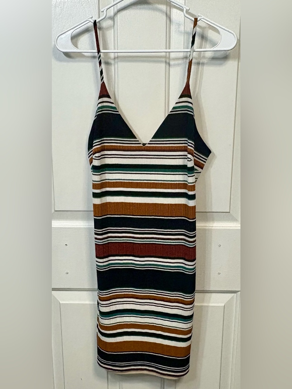 Windsor Striped V-Neck Midi Dress in Black, White, Green & Brown